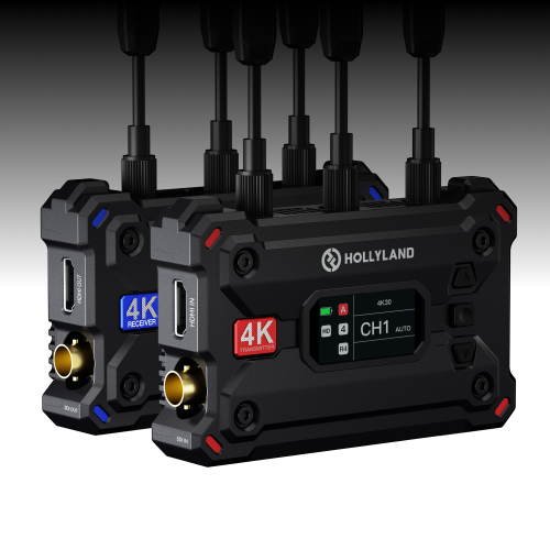 Add 4K30 wireless video transmission to your production using the versatile Pyro S 4K HDMI/SDI Wireless Video Transmission System from Hollyland. The system includes a wireless transmitter, a wireless receiver, seven antennas, a USB-C adapter, a DC power adapter, and an adjustable shoe adapter mount. The transmitter provides HDMI and SDI inputs and features extremely low 50 ms latency that accepts line-of-sight transmission from up to 1300' away to the included receiver. When using broadcast mode using up to four receivers and two mobile devices, the system supports up to 650' away. The receiver outputs to HDMI and SDI.