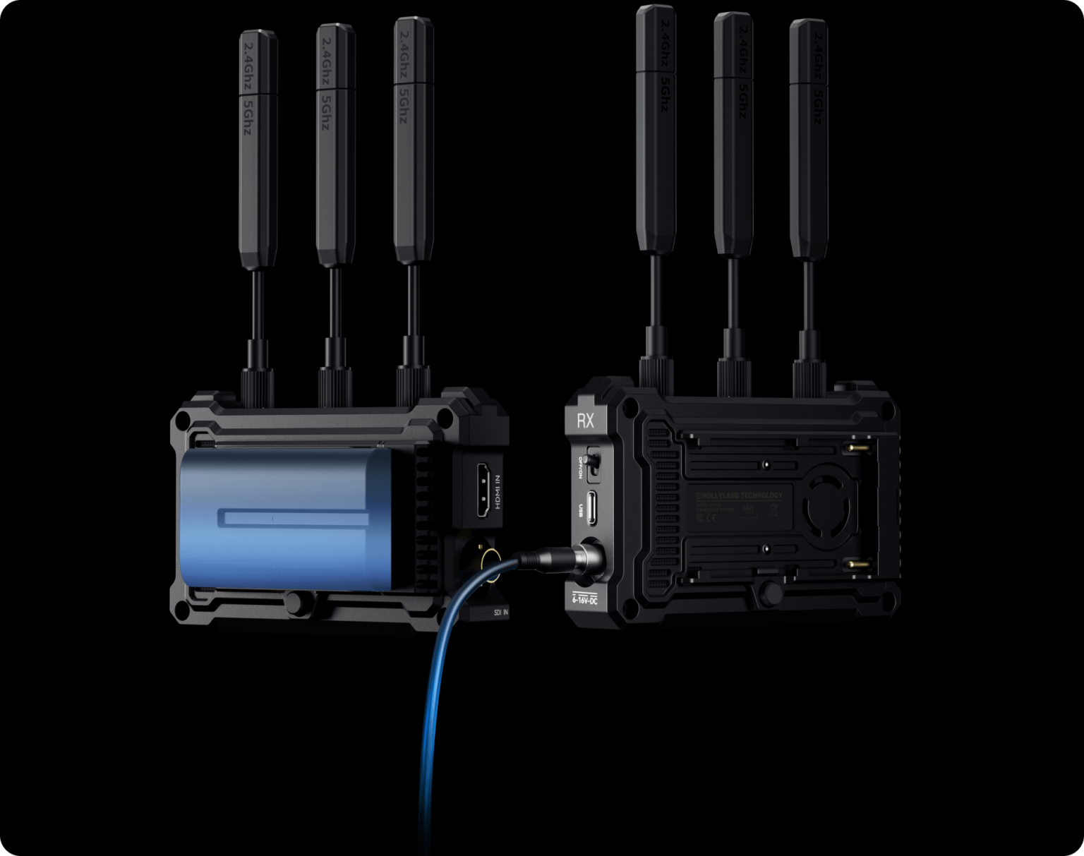 Add 4K30 wireless video transmission to your production using the versatile Pyro S 4K HDMI/SDI Wireless Video Transmission System from Hollyland. The system includes a wireless transmitter, a wireless receiver, seven antennas, a USB-C adapter, a DC power adapter, and an adjustable shoe adapter mount. The transmitter provides HDMI and SDI inputs and features extremely low 50 ms latency that accepts line-of-sight transmission from up to 1300' away to the included receiver. When using broadcast mode using up to four receivers and two mobile devices, the system supports up to 650' away. The receiver outputs to HDMI and SDI.