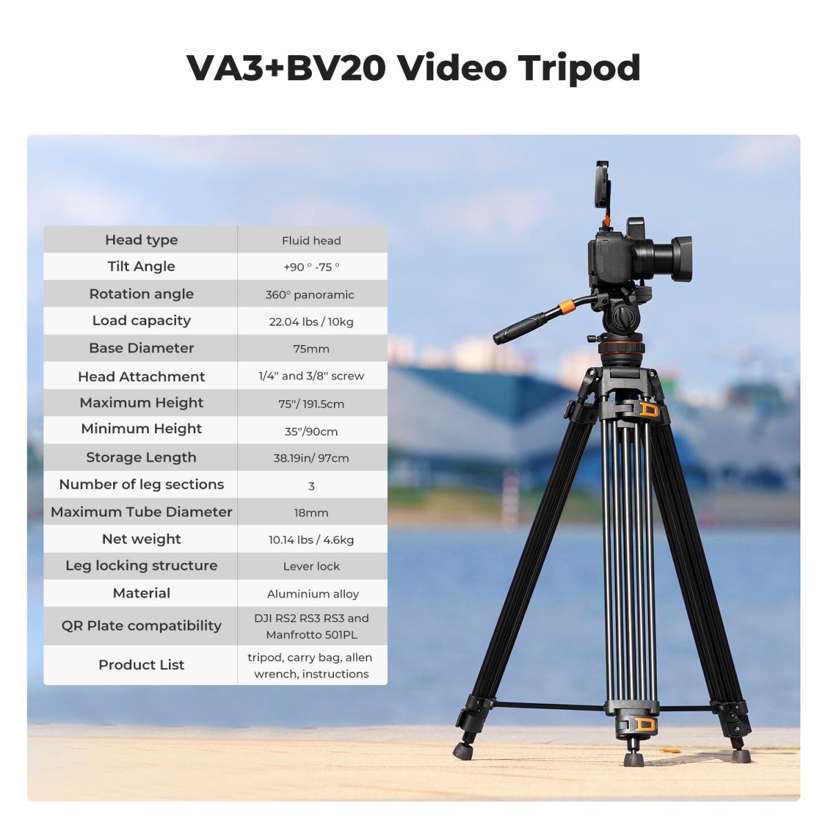 K&F Aluminum Transverse with Fluid Head, Camera Tripod VA18+ VH081 - Image 2
